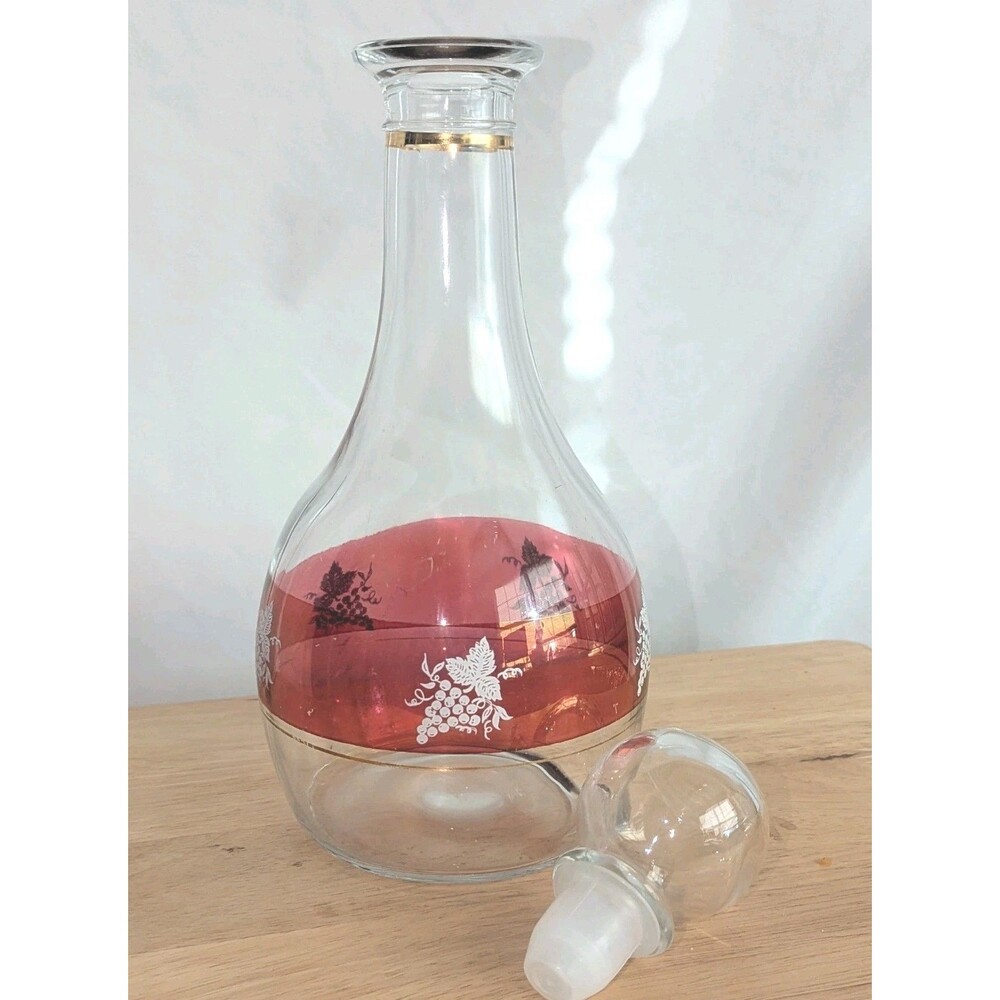 MCM Italian Glass Decanter Carafe w/ Stopper Cranberry Ruby  Flash & Grapes 12"